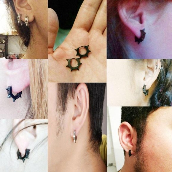 1Pair BTS Boys Hip hop Awl Punk Stud Rivet Stainless Spike Hoop Silver Earrings - Picture 4 of 5
